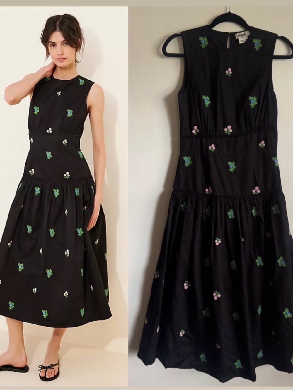 Anthropologie Black Sleeveless Floral-Embroidered Midi Dress